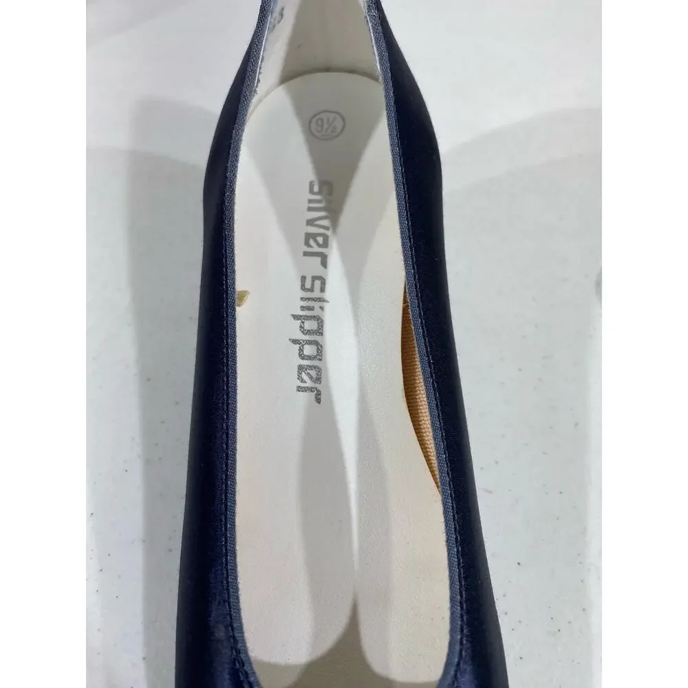 Coloriffics Silver‎ Slipper Vintage Navy Blue Satin Block Heels Womens Size 9.5
